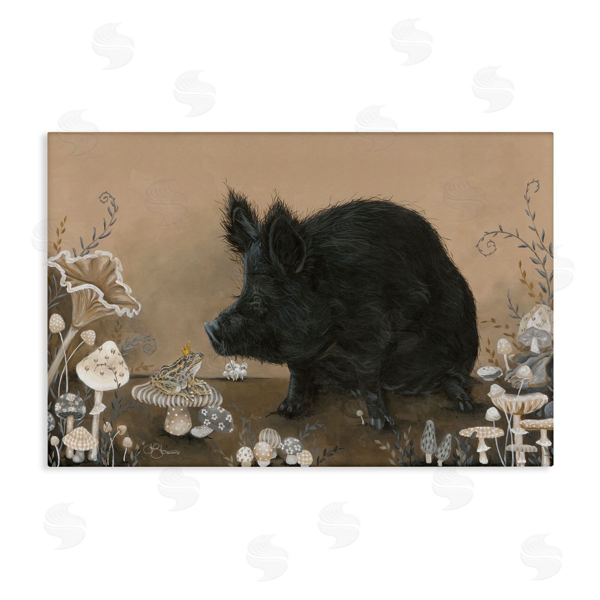 Hog and Frog with Mushrooms Canvas Wall Art, Home Decor by Hollihocks Art