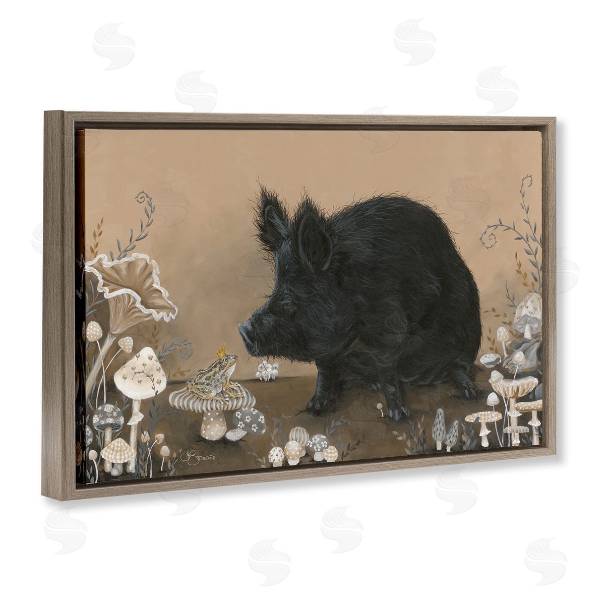 Hog and Frog with Mushrooms Brown Floating Frame Canvas Wall Art, Home Decor by Hollihocks Art