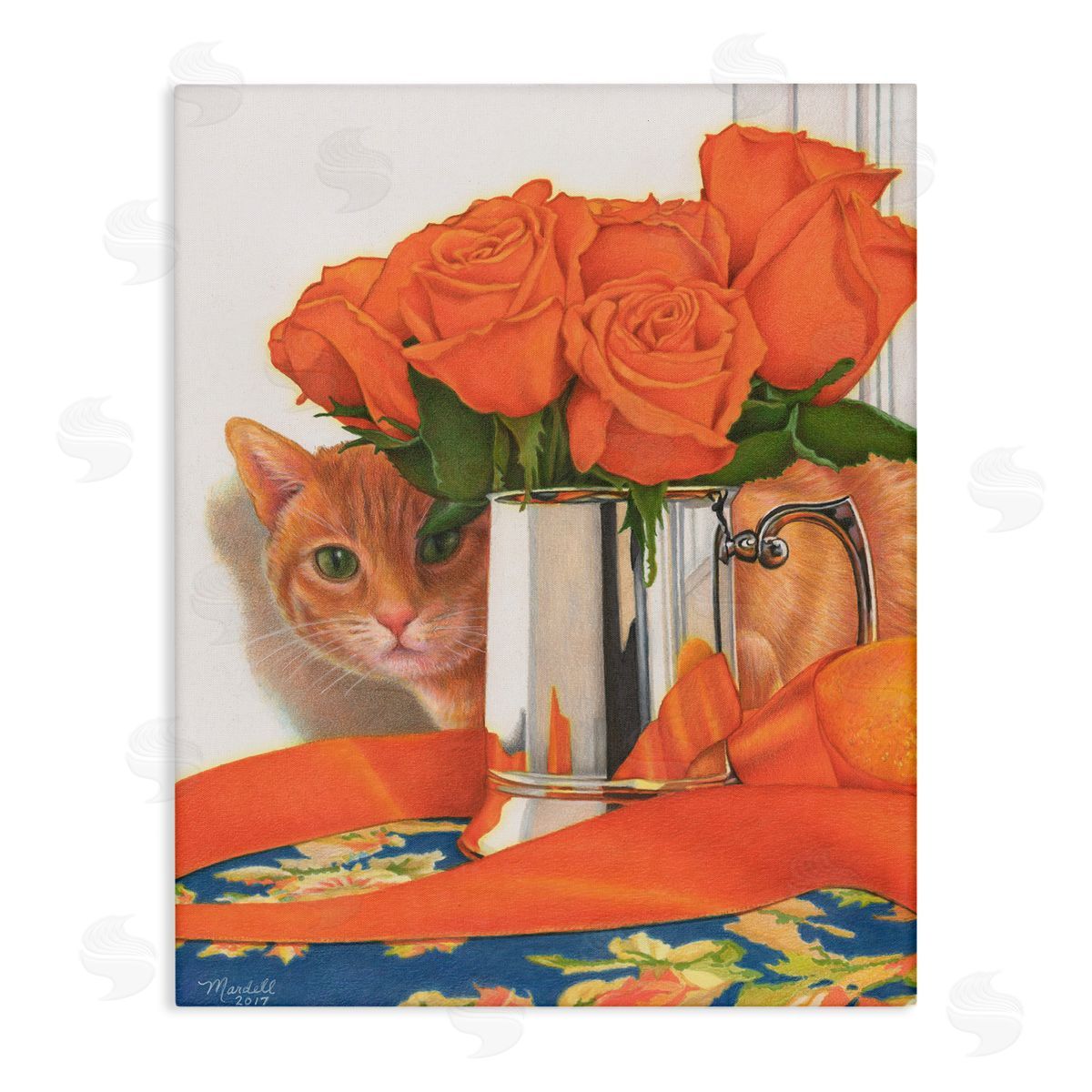 Cat Peeking Rose Bouquet Canvas Wall Art, Home Decor by Mardell Schuster