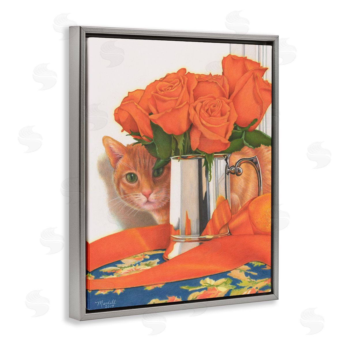 Cat Peeking Rose Bouquet Grey Floating Frame Canvas Wall Art, Home Decor by Mardell Schuster