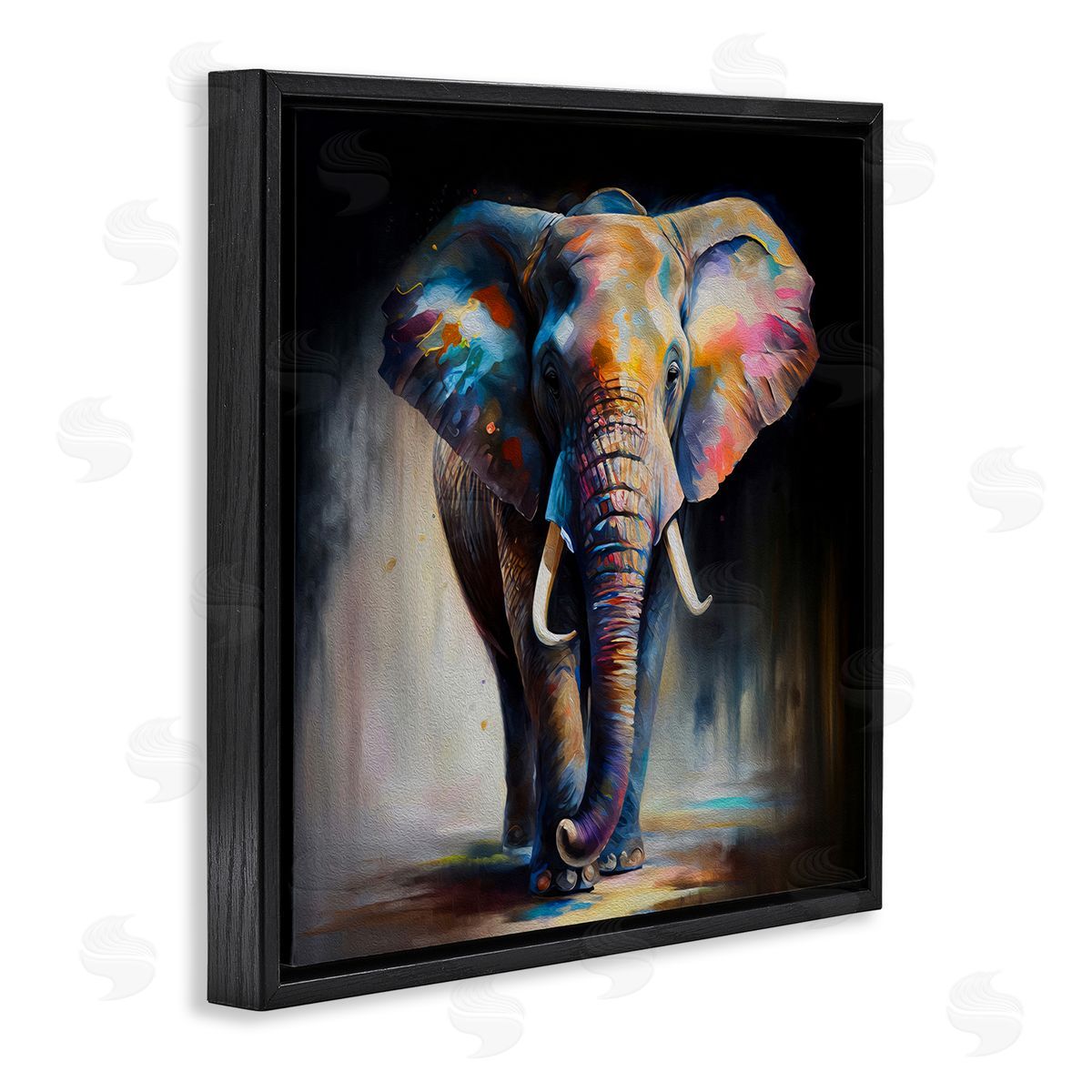 Stepping Elephant in Shadow Black Floating Frame Canvas Wall Art, Home Decor by Incado