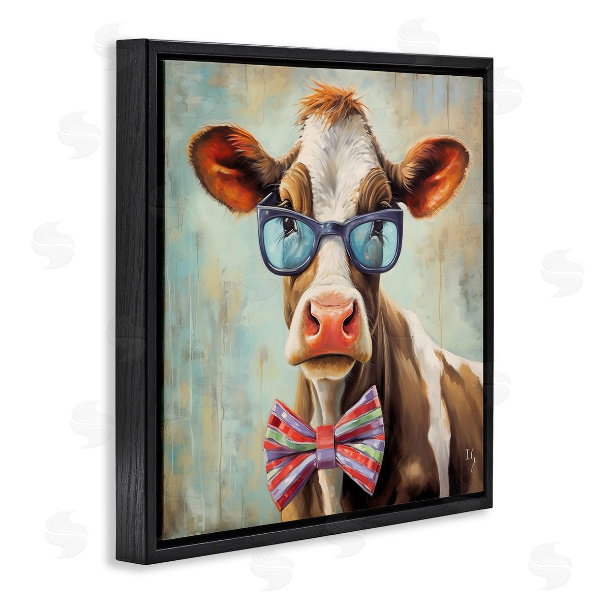Hipster Cow with Bowtie Black Floating Frame Canvas Wall Art, Home Decor by Ivan Guaderrama