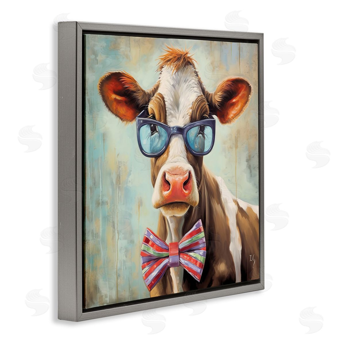 Hipster Cow with Bowtie Grey Floating Frame Canvas Wall Art, Home Decor by Ivan Guaderrama