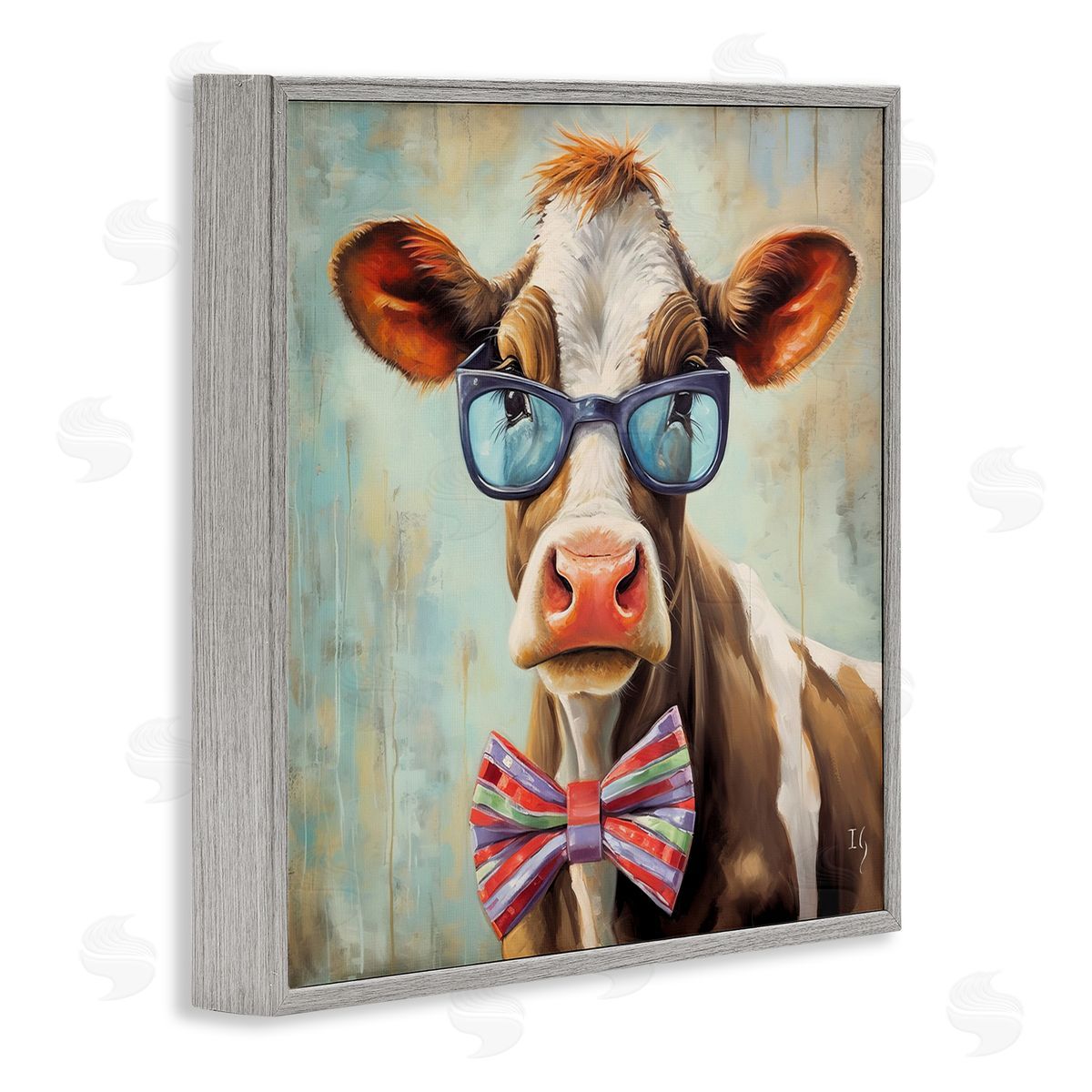 Hipster Cow with Bowtie Grey Frame Print Wall Art, Home Decor by Ivan Guaderrama