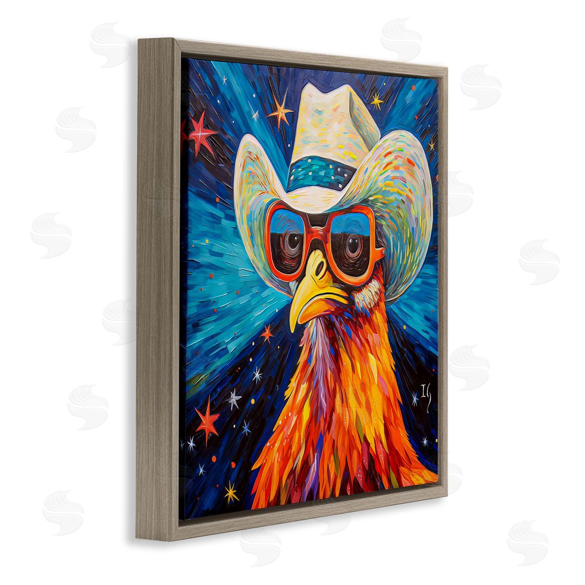 Cowboy Chicken with Stars Brown Floating Frame Canvas Wall Art, Home Decor by Ivan Guaderrama