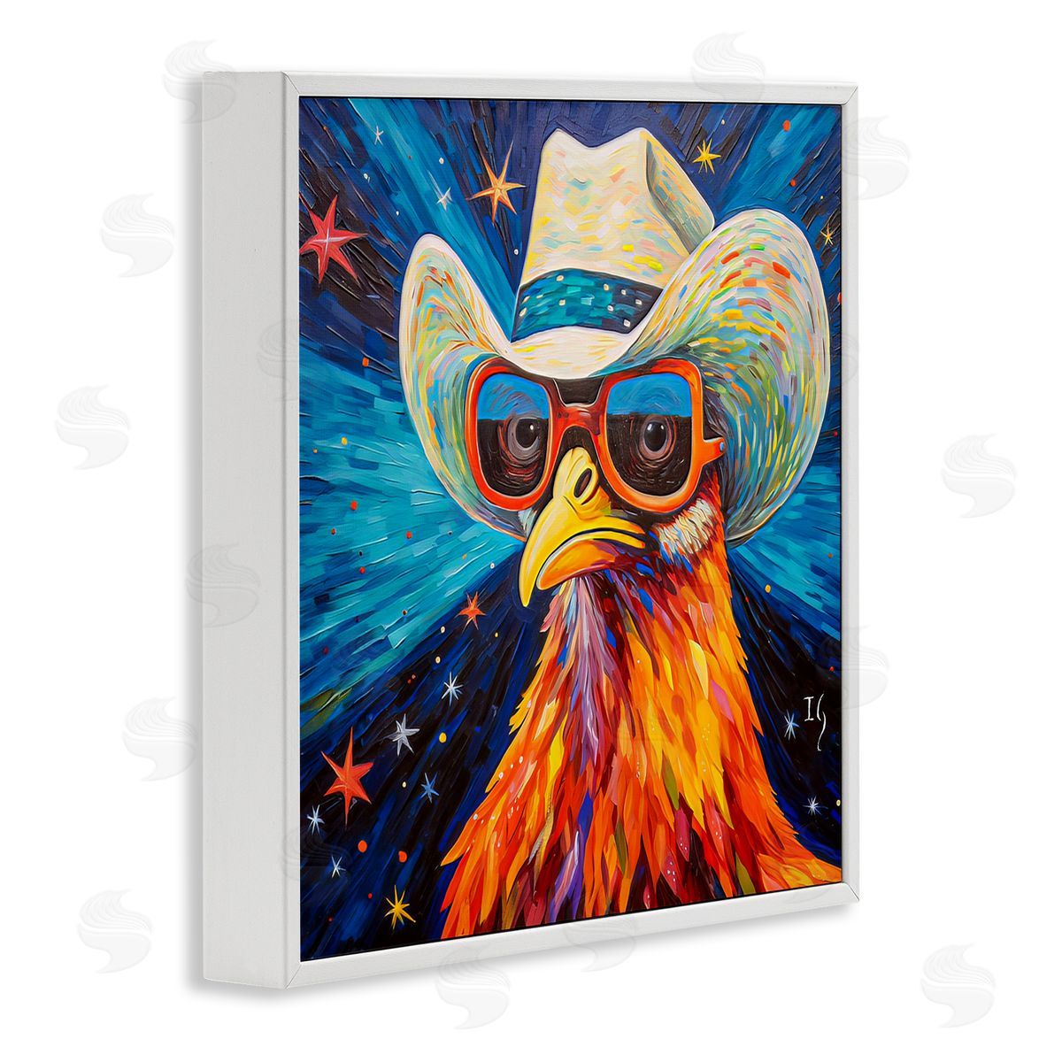Cowboy Chicken with Stars White Frame Print Wall Art, Home Decor by Ivan Guaderrama