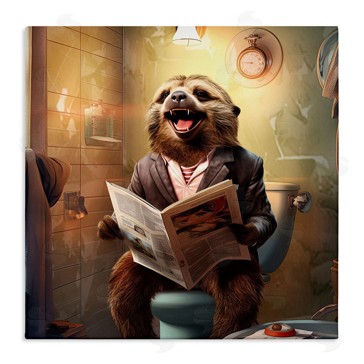 Smiling Sloth on Toilet Canvas Wall Art, Home Decor by Jim Baldwin