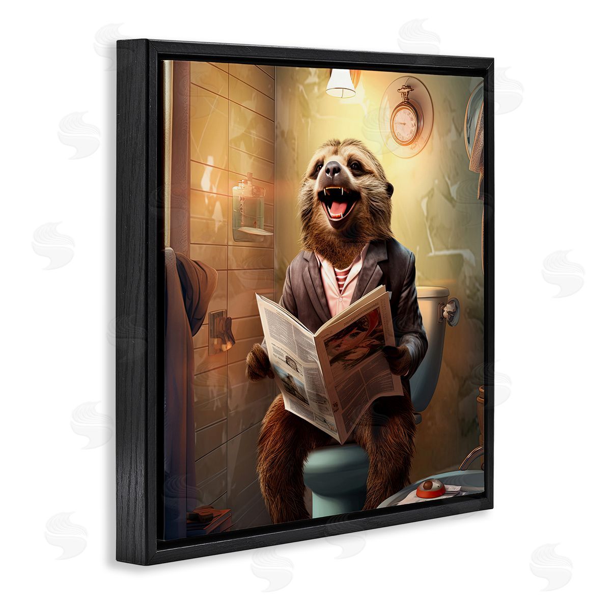 Smiling Sloth on Toilet Black Floating Frame Canvas Wall Art, Home Decor by Jim Baldwin
