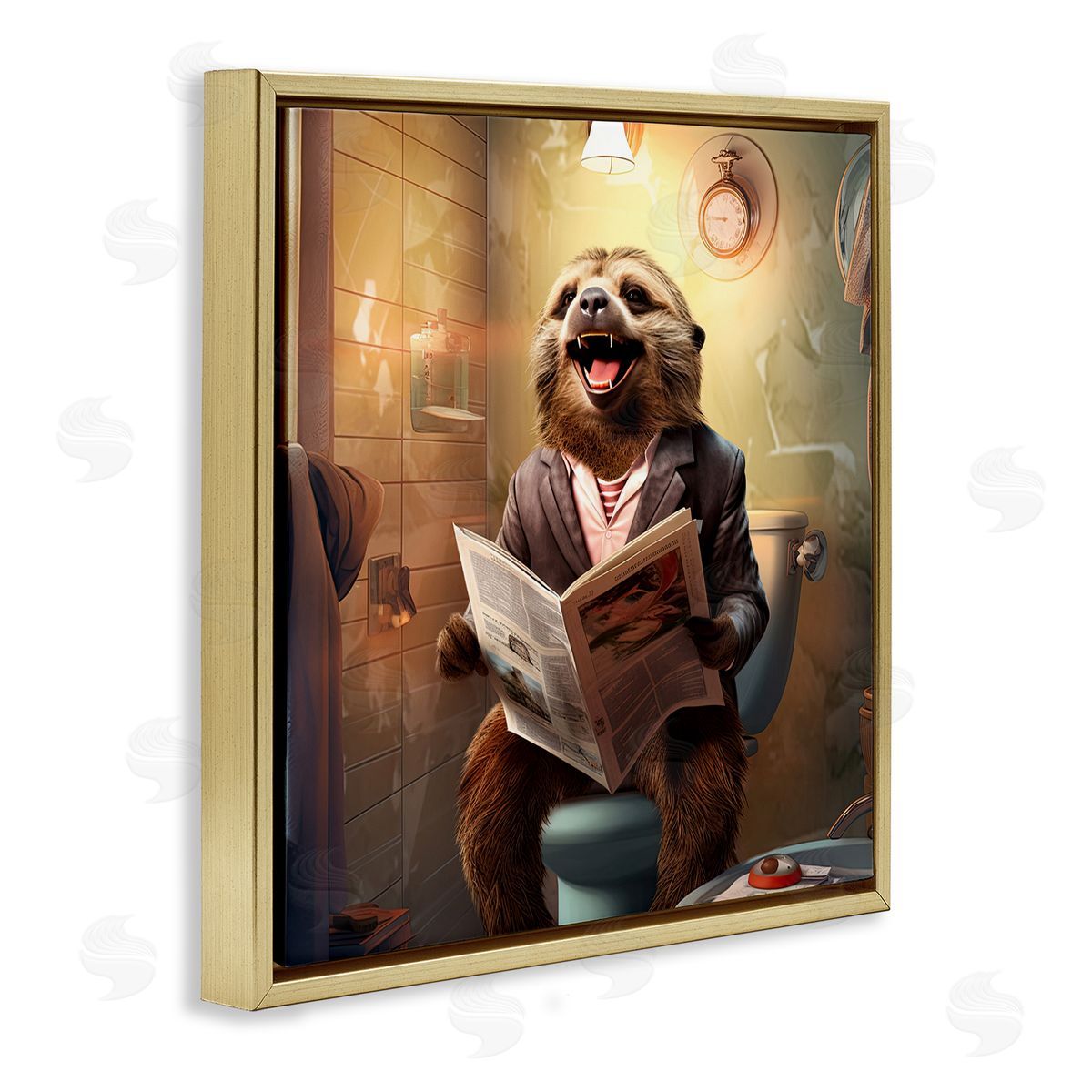 Smiling Sloth on Toilet Gold Floating Frame Canvas Wall Art, Home Decor by Jim Baldwin