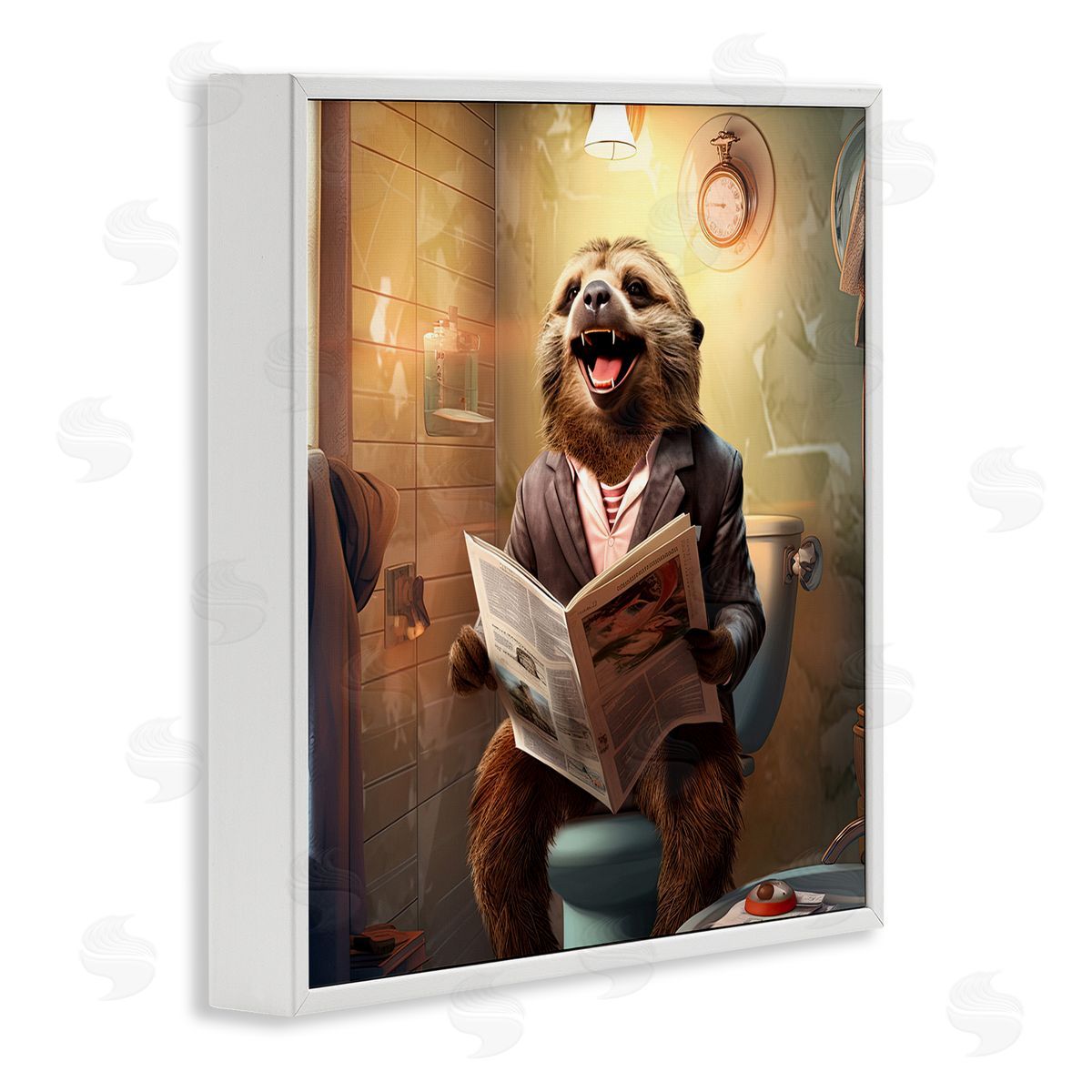 Smiling Sloth on Toilet White Frame Print Wall Art, Home Decor by Jim Baldwin