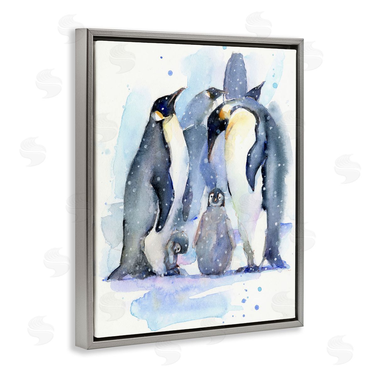 John Keeling Penguin Family Watercolor Gray Floating Frame Canvas Wall Art Print