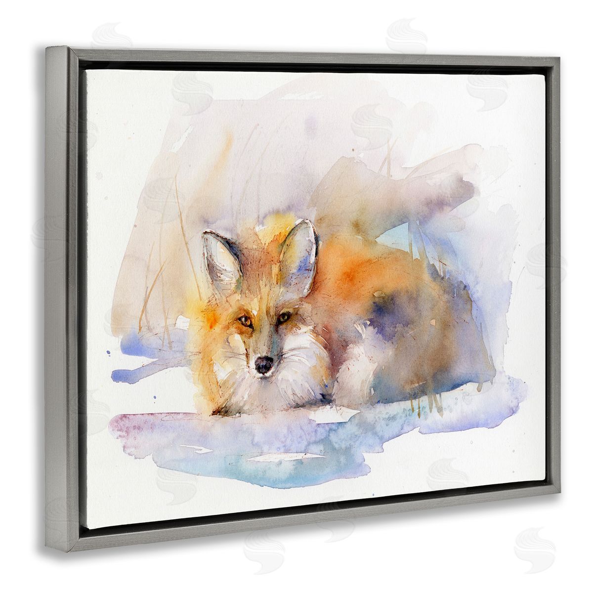 Fox Sleeping in Snow Grey Floating Frame Canvas Wall Art, Home Decor by John Keeling