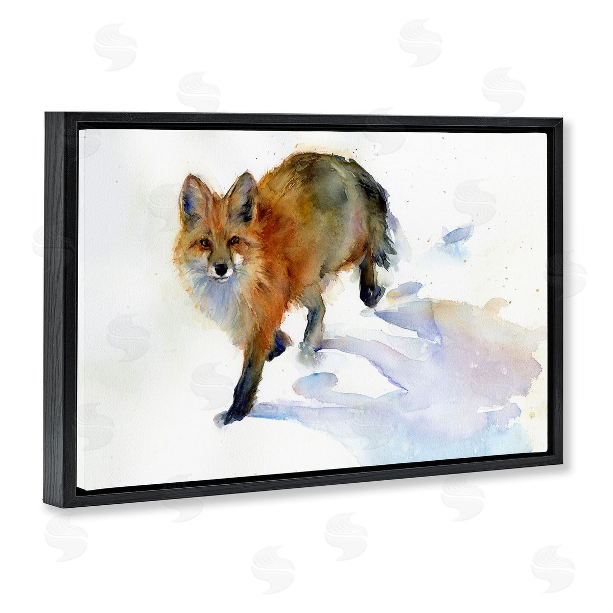 Stepping Fox in Snow Black Floating Frame Canvas Wall Art, Home Decor by John Keeling