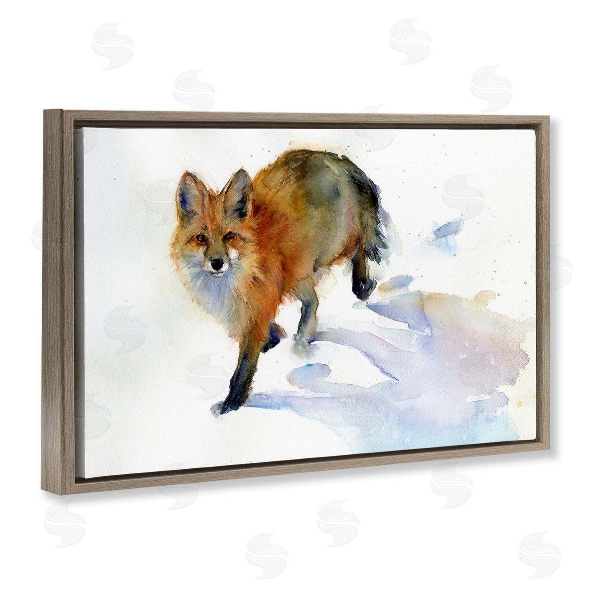 Stepping Fox in Snow Brown Floating Frame Canvas Wall Art, Home Decor by John Keeling
