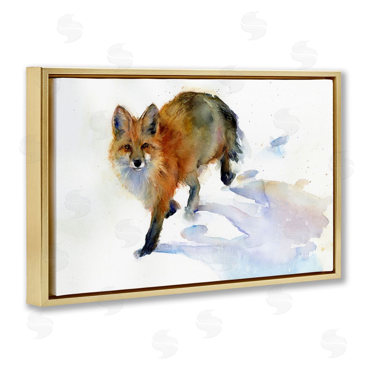 Stepping Fox in Snow Gold Floating Frame Canvas Wall Art, Home Decor by John Keeling