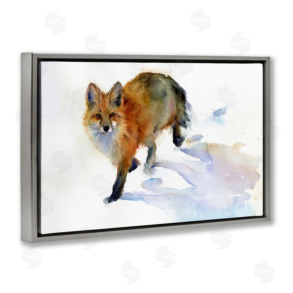Stepping Fox in Snow Grey Floating Frame Canvas Wall Art, Home Decor by John Keeling