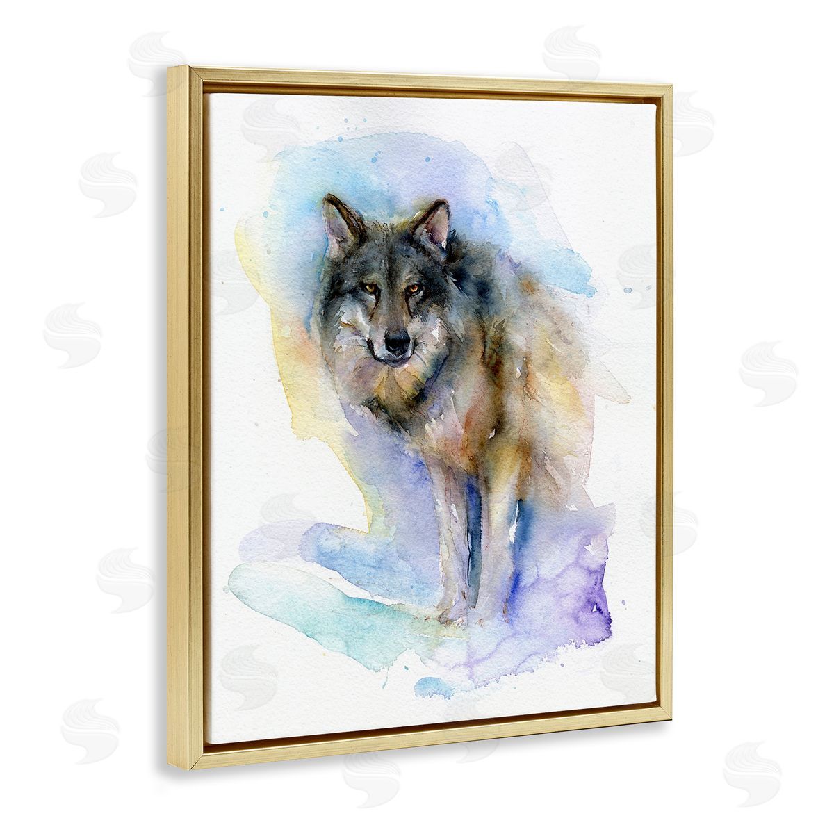 Watercolor Wolf in Snow Gold Floating Frame Canvas Wall Art, Home Decor by John Keeling