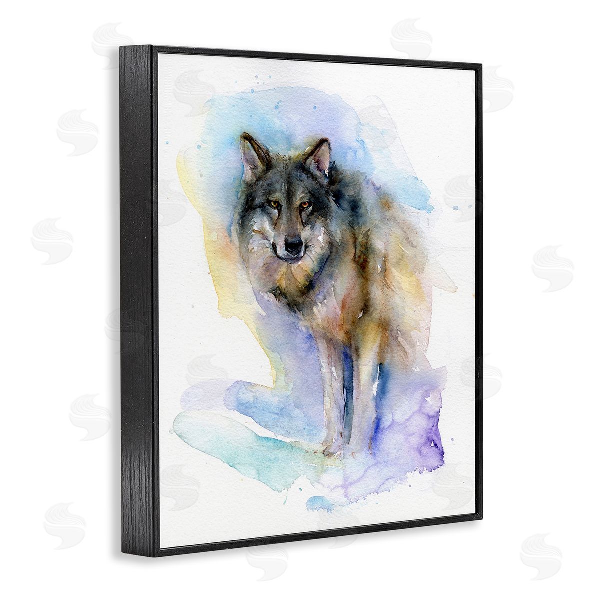 Watercolor Wolf in Snow Black Frame Print Wall Art, Home Decor by John Keeling
