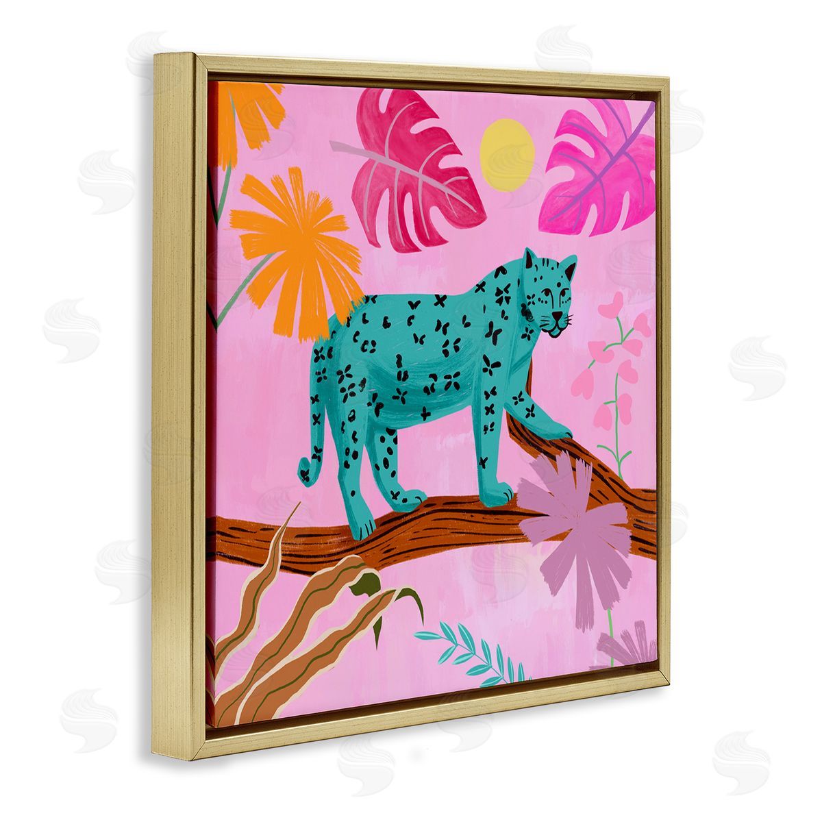 Patterned Leopard on Branch Gold Floating Frame Canvas Wall Art, Home Decor by Juliet Rose Philips
