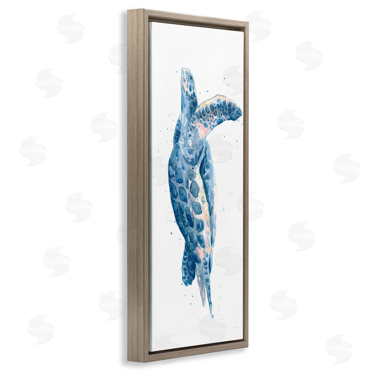 Blue Turtle Swimming Brown Floating Frame Canvas Wall Art, Home Decor by Kamdon Kreations