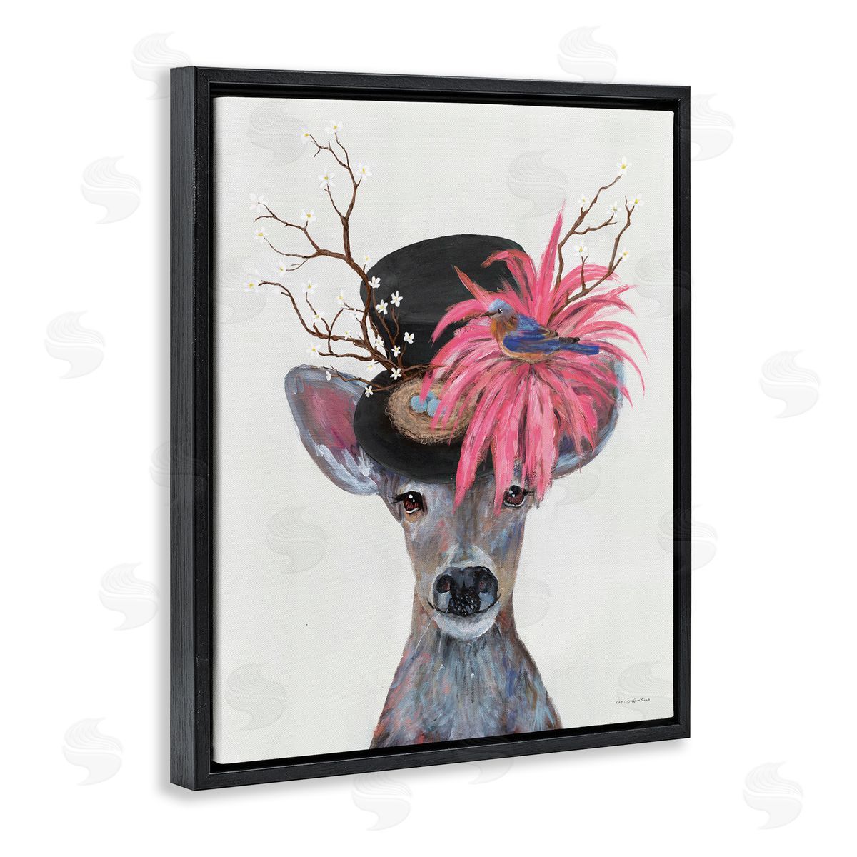Deer with Vintage Hat Black Floating Frame Canvas Wall Art, Home Decor by Kamdon Kreations