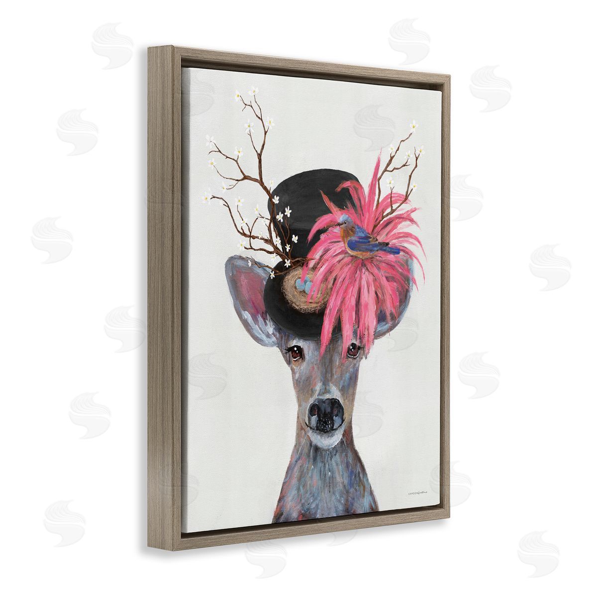 Deer with Vintage Hat Brown Floating Frame Canvas Wall Art, Home Decor by Kamdon Kreations