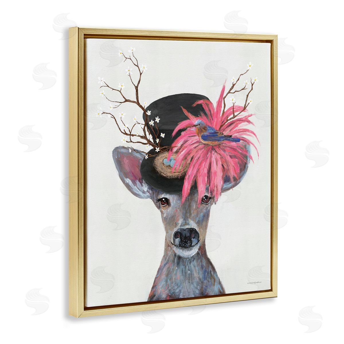 Deer with Vintage Hat Gold Floating Frame Canvas Wall Art, Home Decor by Kamdon Kreations