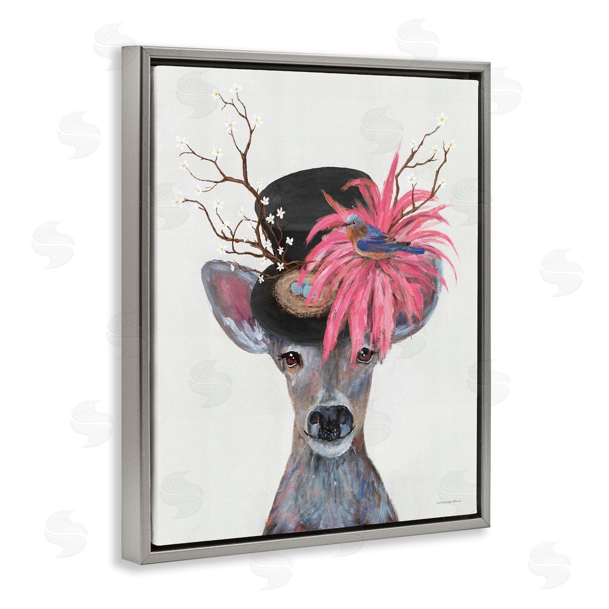 Deer with Vintage Hat Grey Floating Frame Canvas Wall Art, Home Decor by Kamdon Kreations