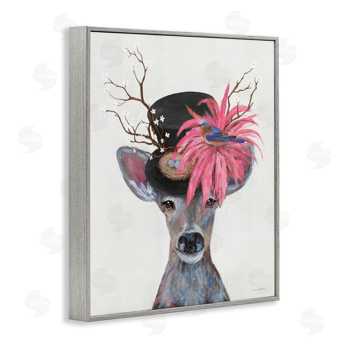 Deer with Vintage Hat Grey Frame Print Wall Art, Home Decor by Kamdon Kreations