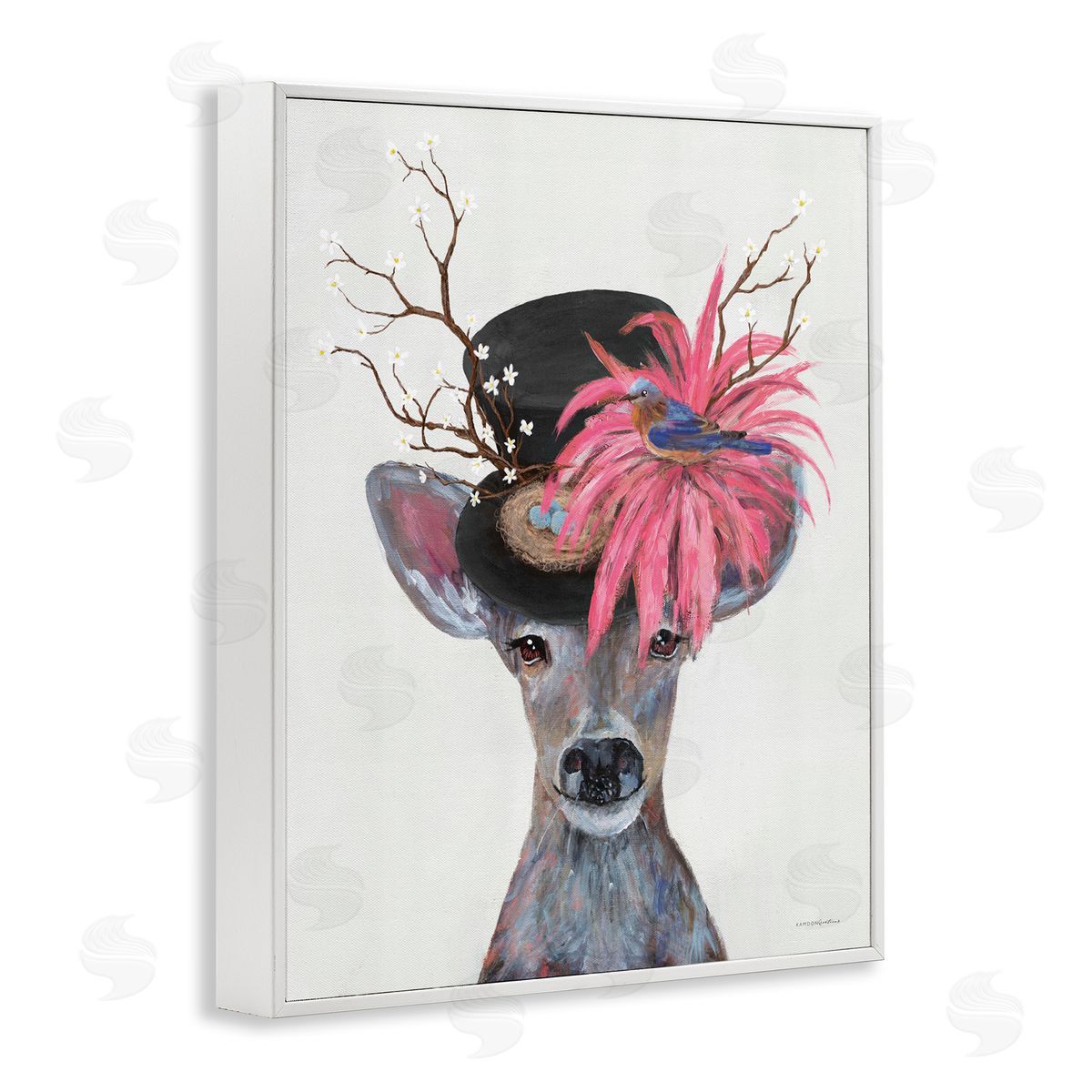 Deer with Vintage Hat White Frame Print Wall Art, Home Decor by Kamdon Kreations