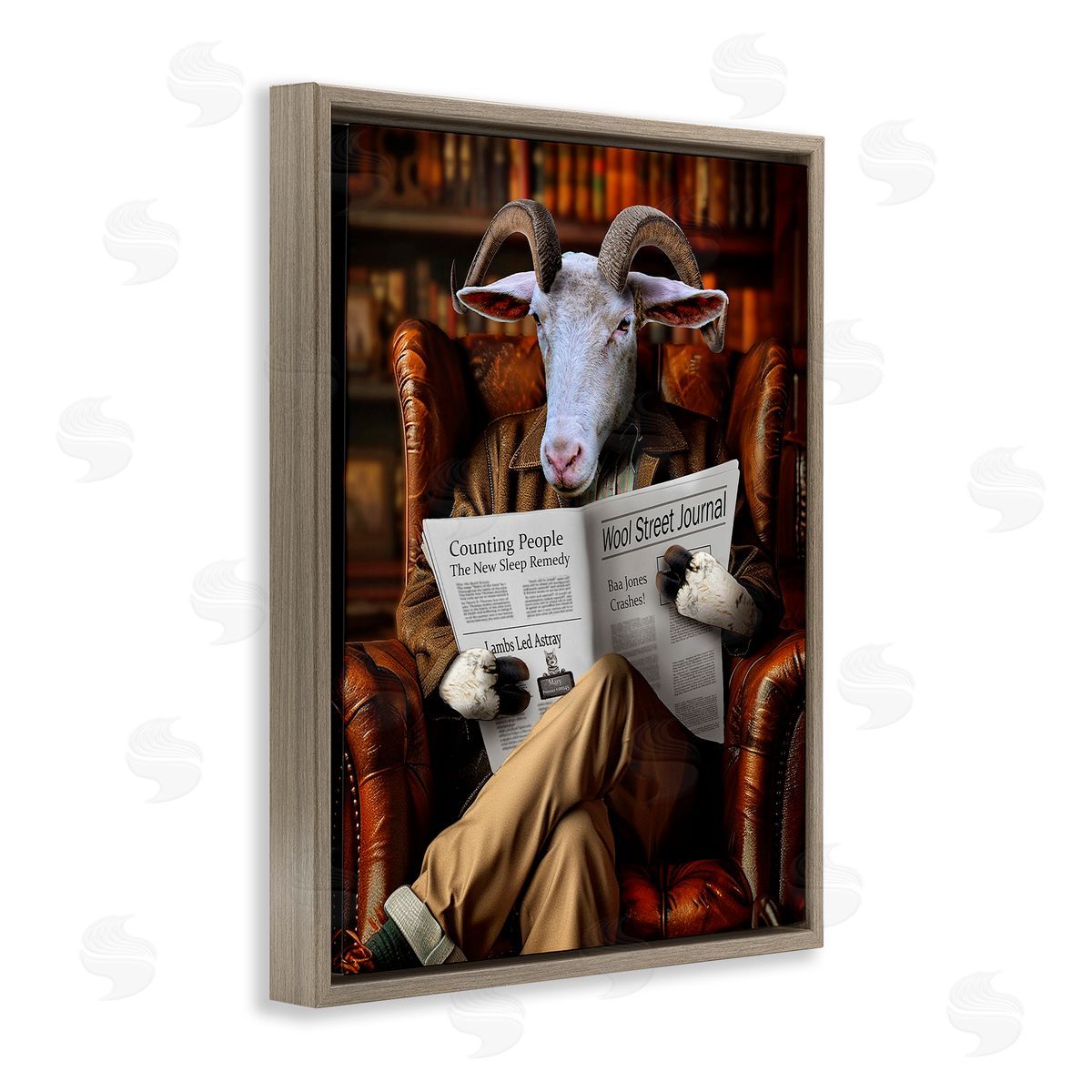 Goat in Vintage Library Brown Floating Frame Canvas Wall Art, Home Decor by Karen Burke