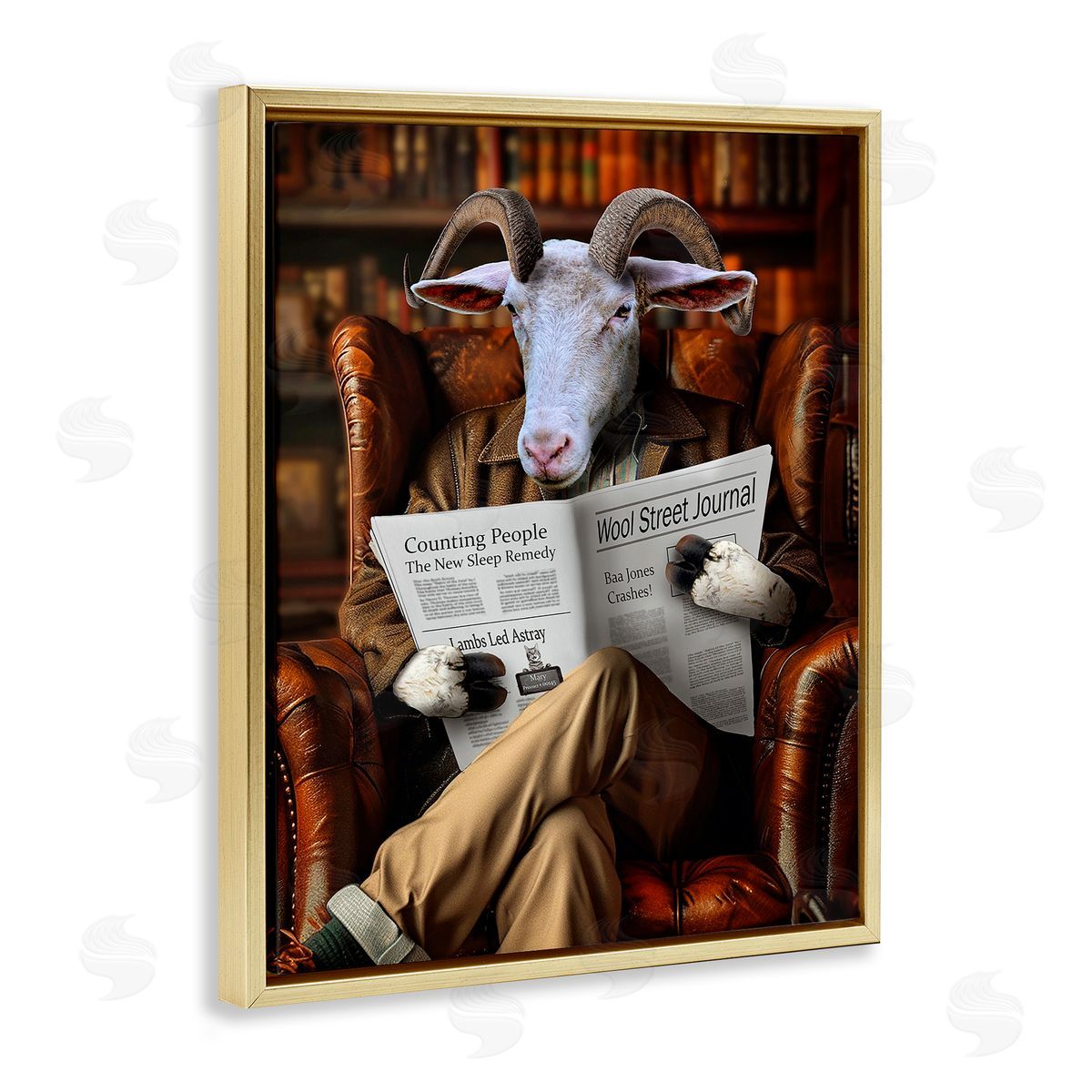 Goat in Vintage Library Gold Floating Frame Canvas Wall Art, Home Decor by Karen Burke