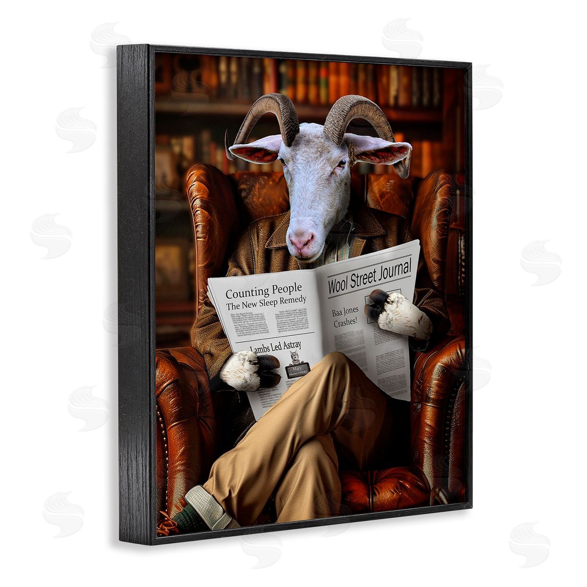 Goat in Vintage Library Black Frame Print Wall Art, Home Decor by Karen Burke
