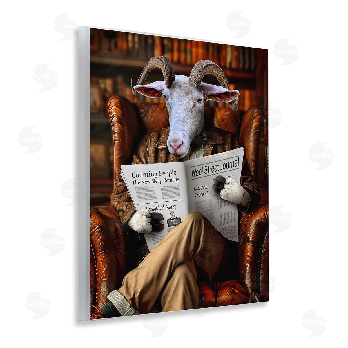 Goat in Vintage Library Wood Plaque Wall Art, Home Decor by Karen Burke