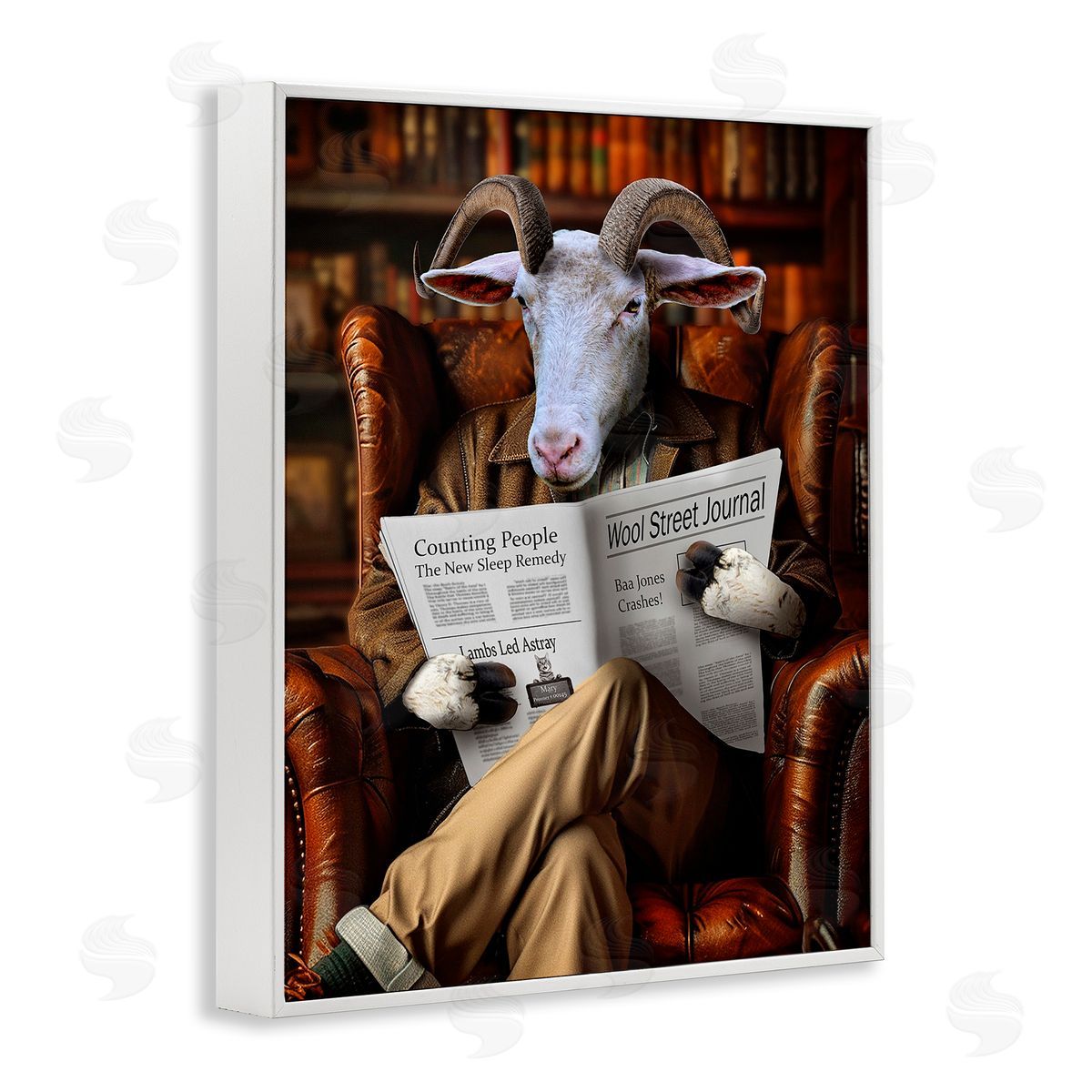 Goat in Vintage Library White Frame Print Wall Art, Home Decor by Karen Burke