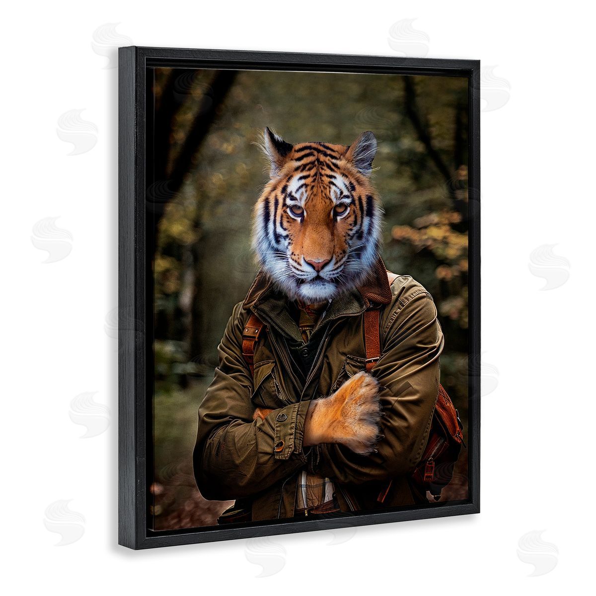 Tiger in Hiking Attire Black Floating Frame Canvas Wall Art, Home Decor by Karen Burke