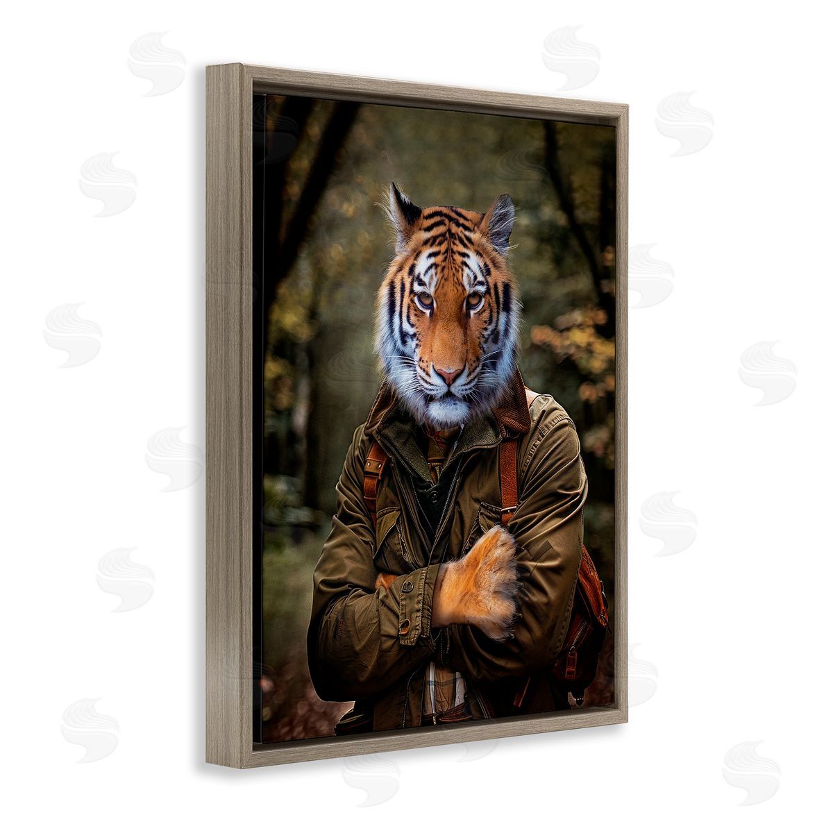 Tiger in Hiking Attire Brown Floating Frame Canvas Wall Art, Home Decor by Karen Burke