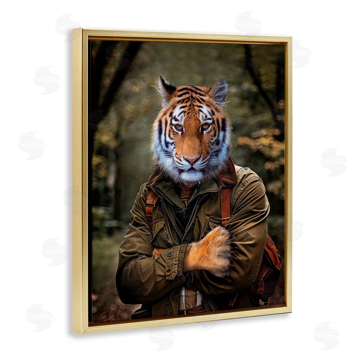 Tiger in Hiking Attire Gold Floating Frame Canvas Wall Art, Home Decor by Karen Burke
