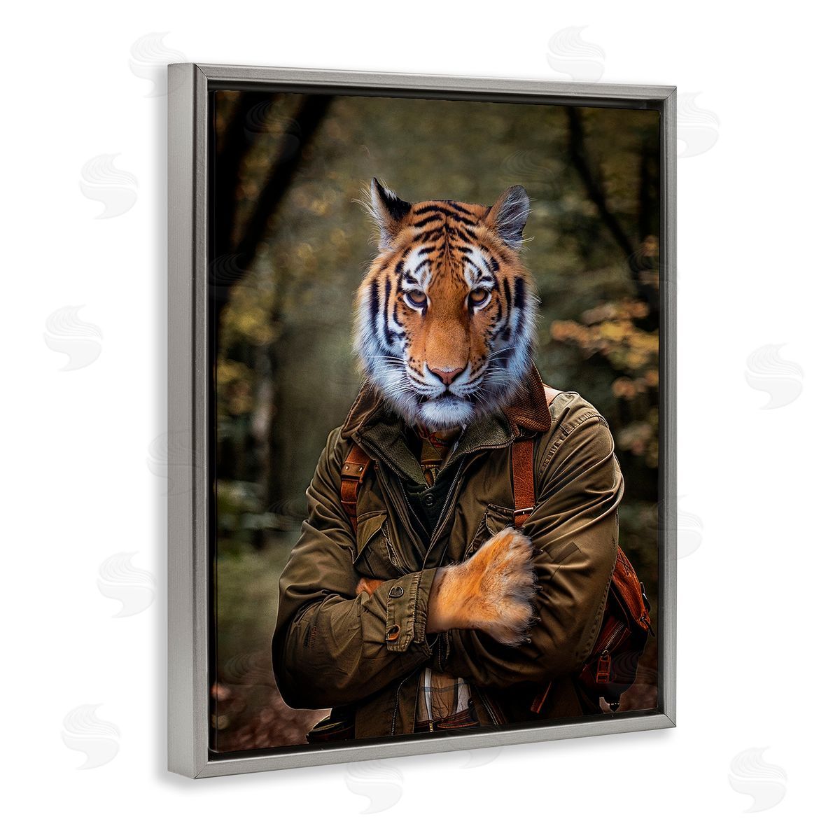 Tiger in Hiking Attire Grey Floating Frame Canvas Wall Art, Home Decor by Karen Burke