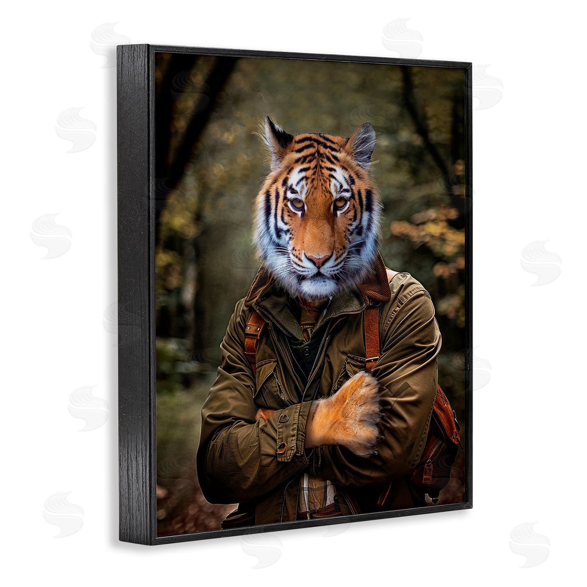 Tiger in Hiking Attire Black Frame Print Wall Art, Home Decor by Karen Burke