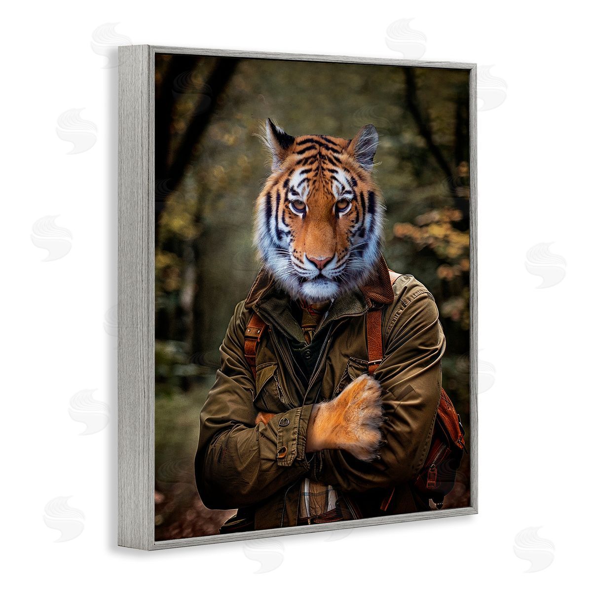 Tiger in Hiking Attire Grey Frame Print Wall Art, Home Decor by Karen Burke