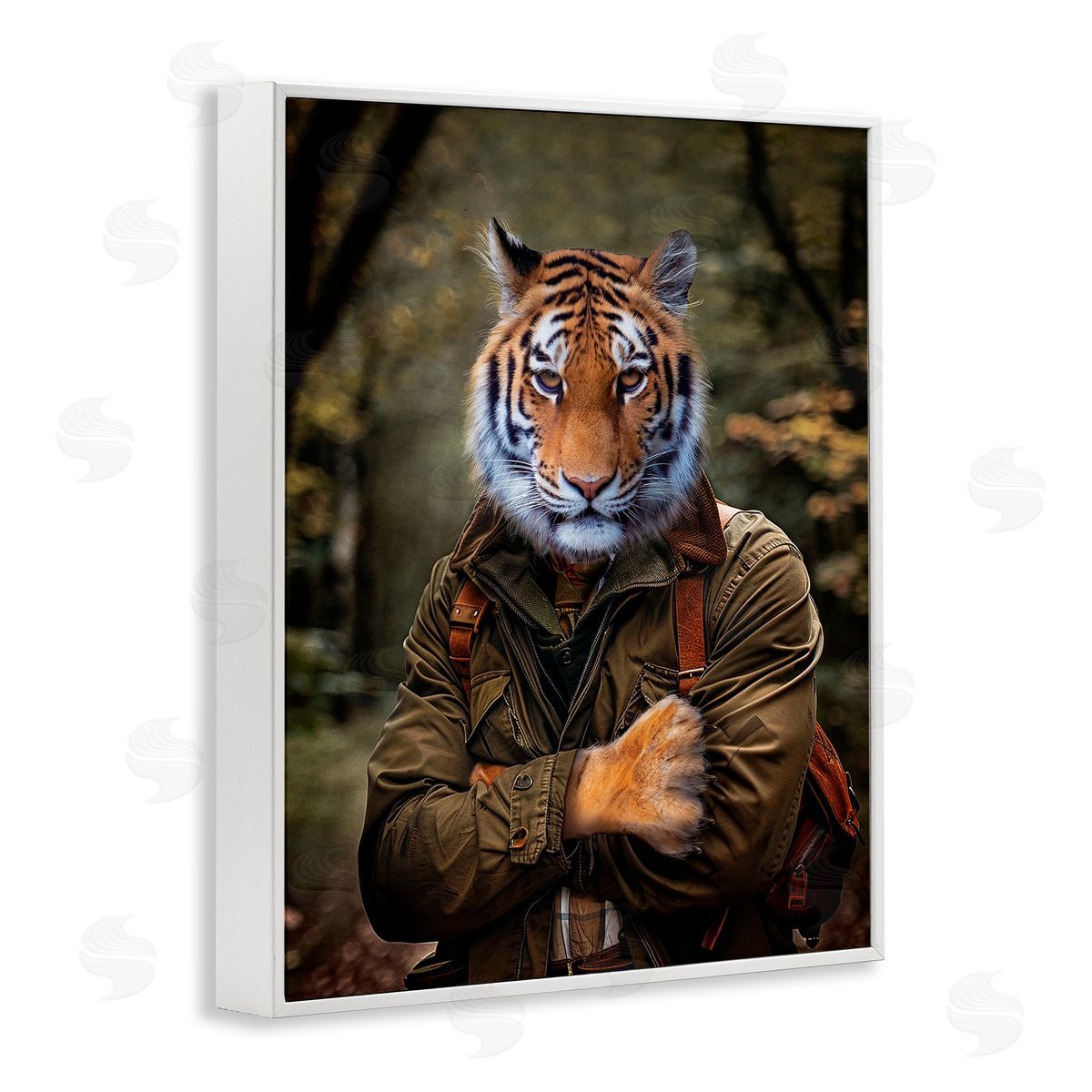 Tiger in Hiking Attire White Frame Print Wall Art, Home Decor by Karen Burke