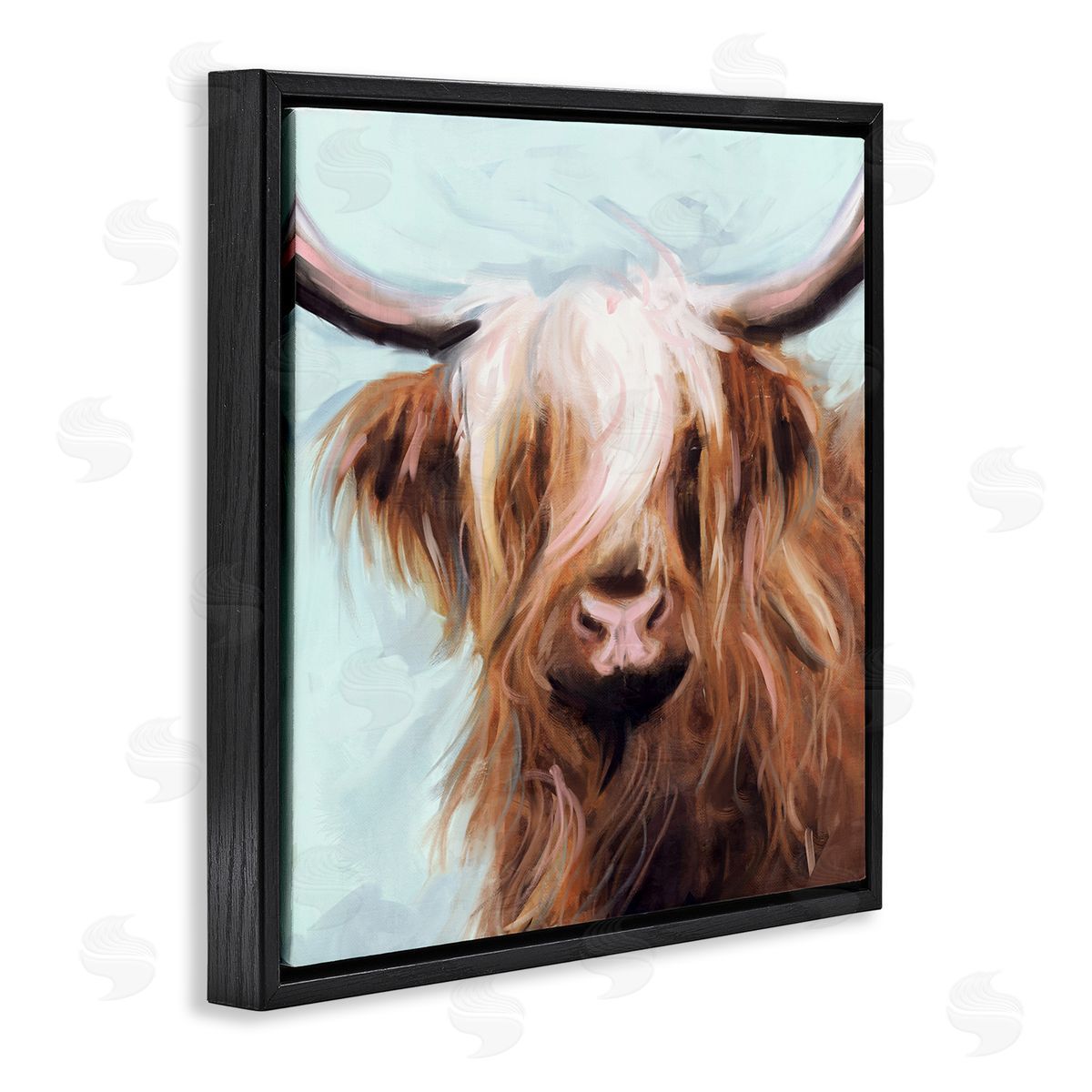 Long Haired Cattle Portrait Black Floating Frame Canvas Wall Art, Home Decor by Nina Blue