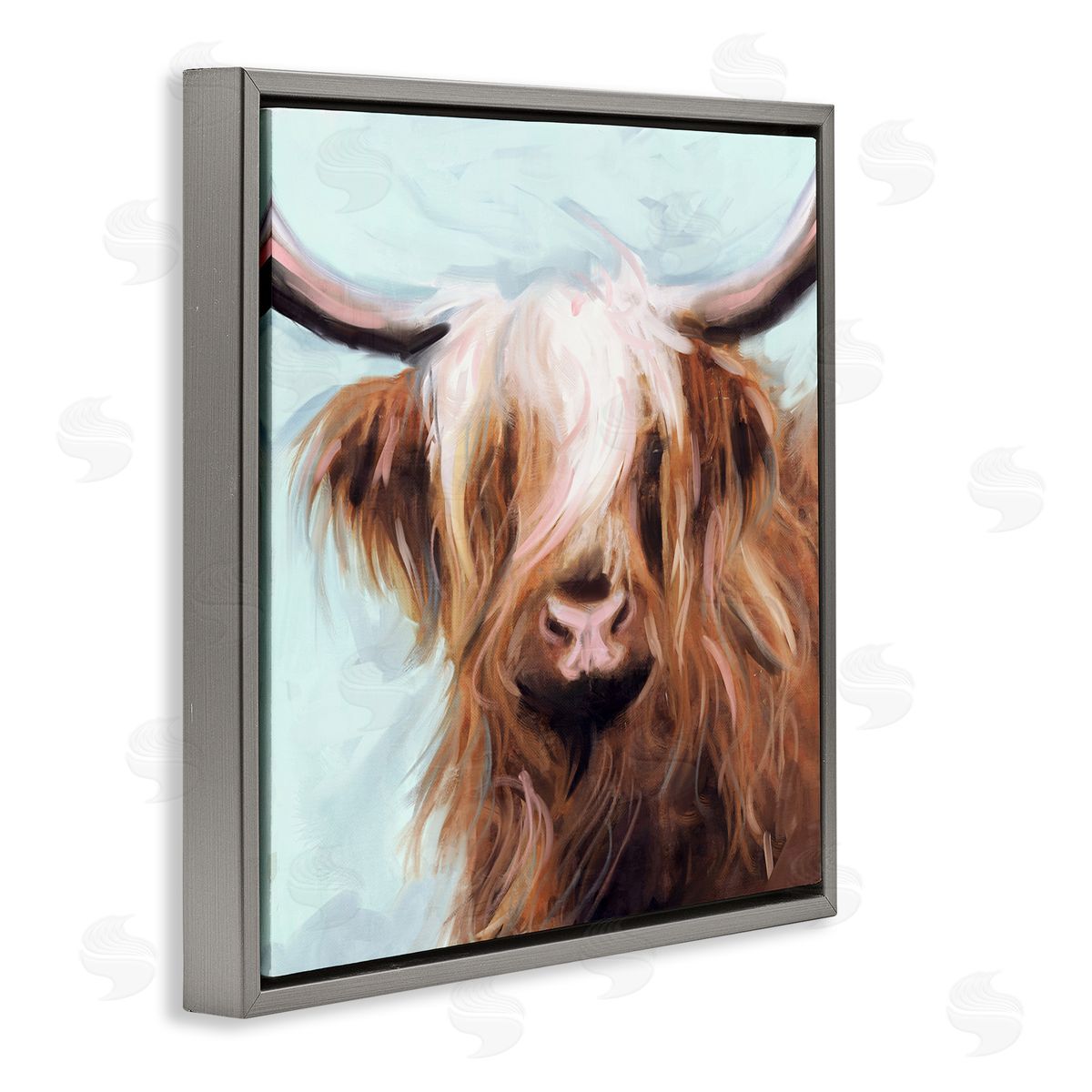 Long Haired Cattle Portrait Grey Floating Frame Canvas Wall Art, Home Decor by Nina Blue