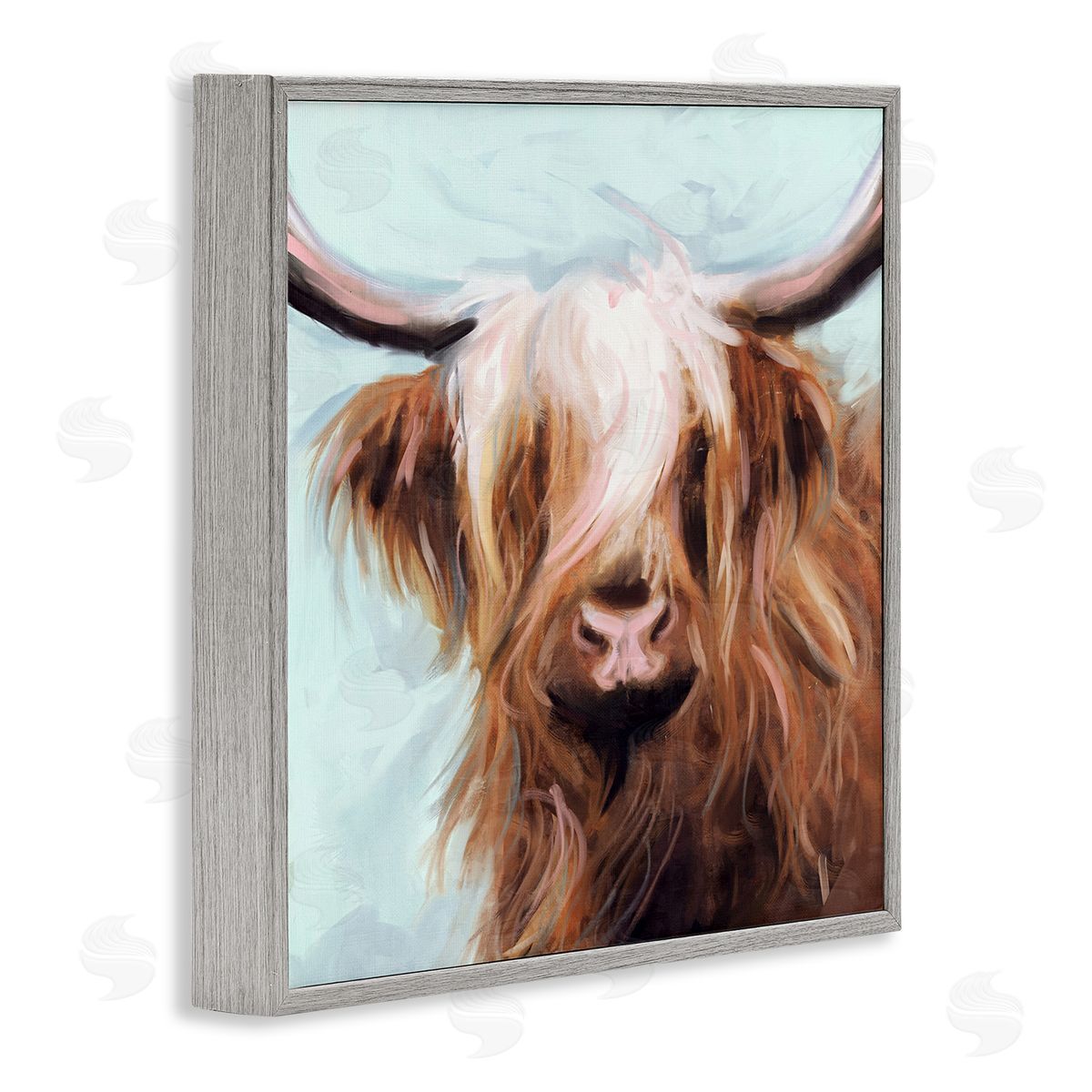 Long Haired Cattle Portrait Grey Frame Print Wall Art, Home Decor by Nina Blue