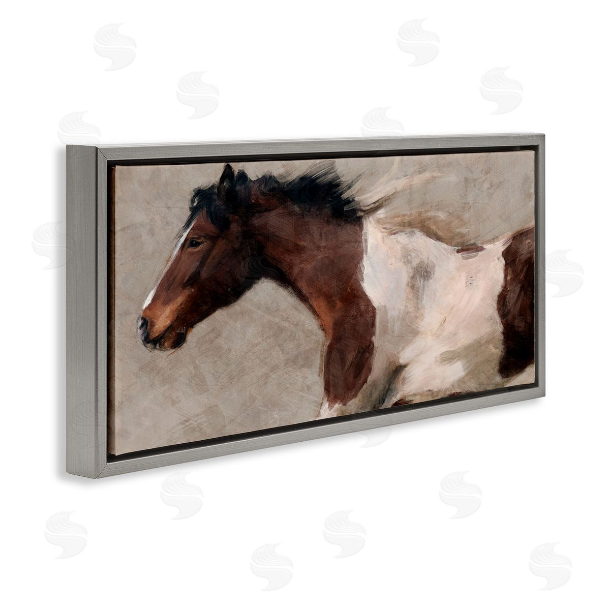 Brown and White Horse Grey Floating Frame Canvas Wall Art, Home Decor by Nina Blue