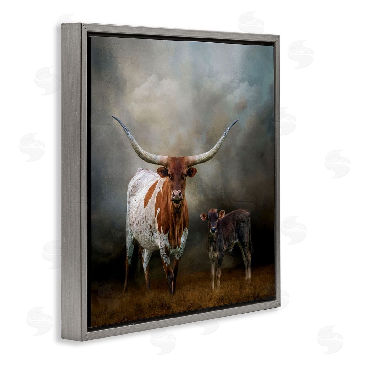 Longhorn and Calf Babysitter Grey Floating Frame Canvas Wall Art, Home Decor by Kelley Parker