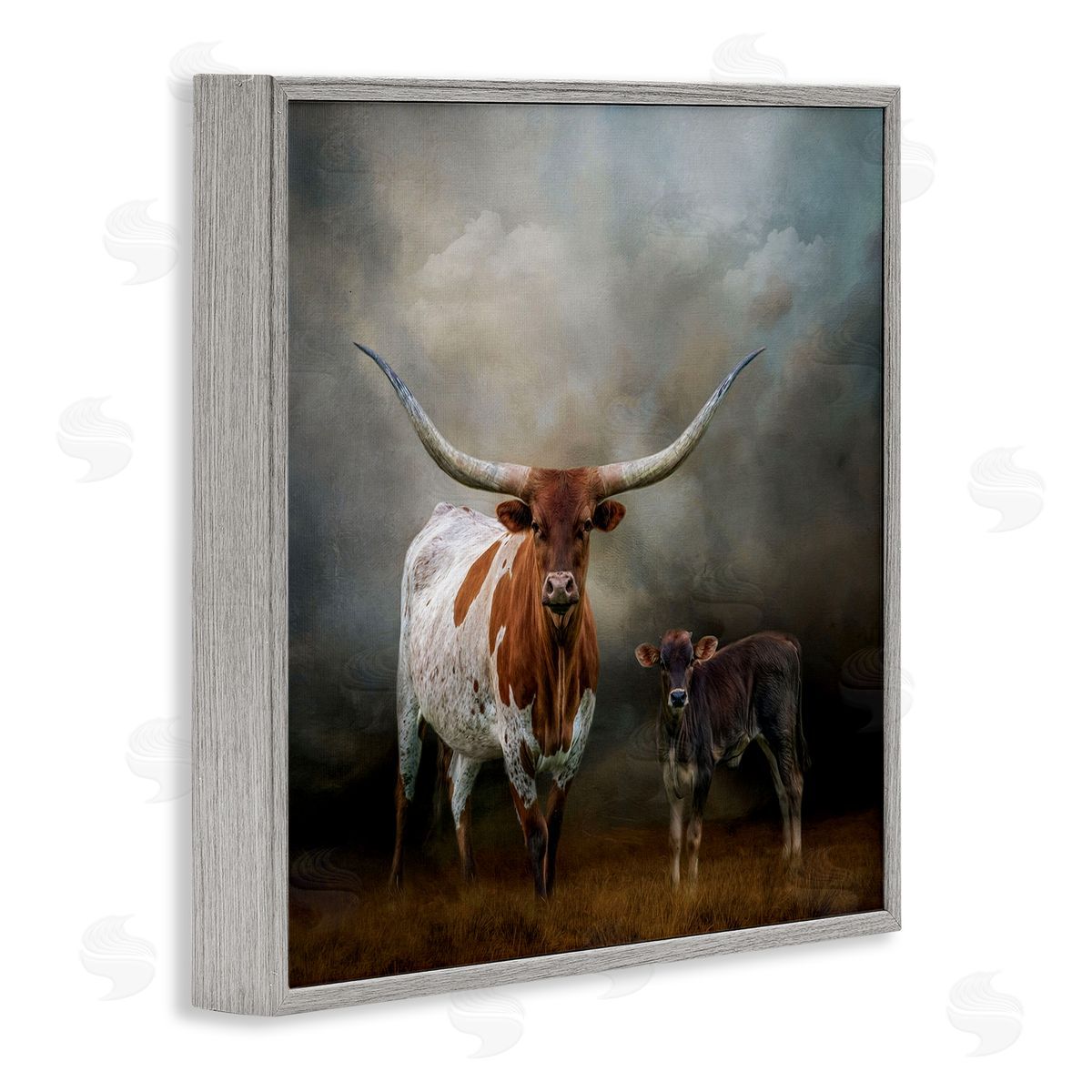 Longhorn and Calf Babysitter Grey Frame Print Wall Art, Home Decor by Kelley Parker