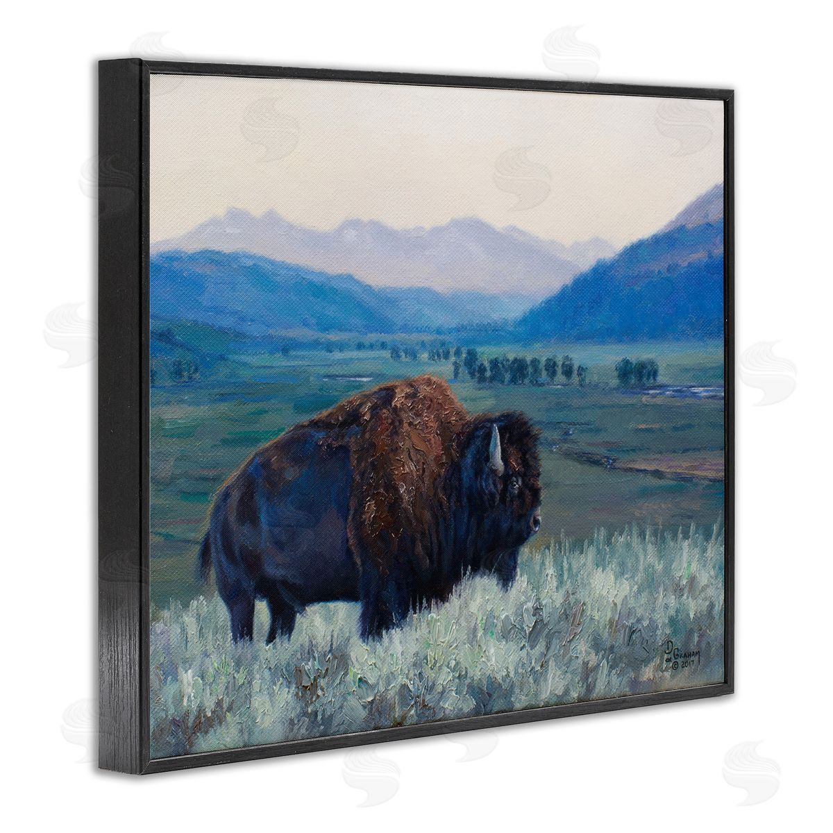 Bison and Country Mountains Black Frame Print Wall Art, Home Decor by David Graham