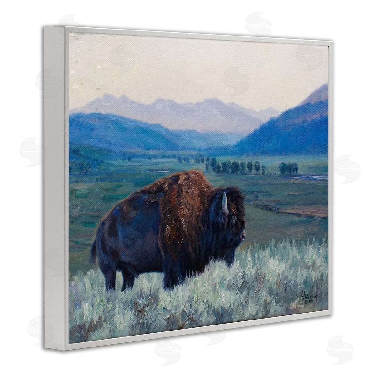 Bison and Country Mountains White Frame Print Wall Art, Home Decor by David Graham